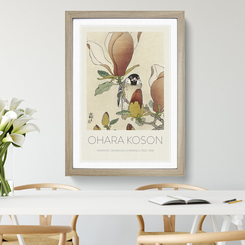 Sparrow Bird Upon Magnolia Branch by Ohara Koson - Single Picture Frame Print, 65cm H x 48cm W x 2cm D, Oak Framed
