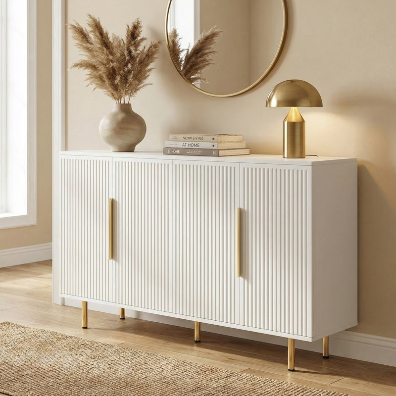 57" Wood Sideboard Console Table Entryway Table with Cabinets, White