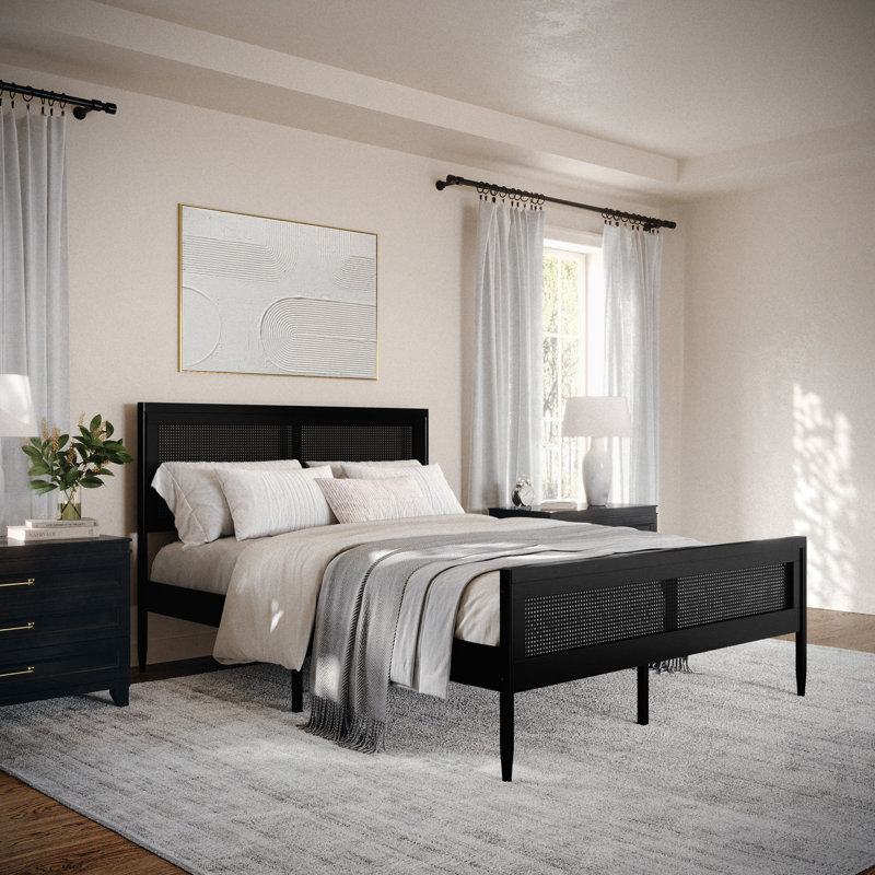 Black Queen Size Wood Platform Bed with Rattan Headboard and Footboard