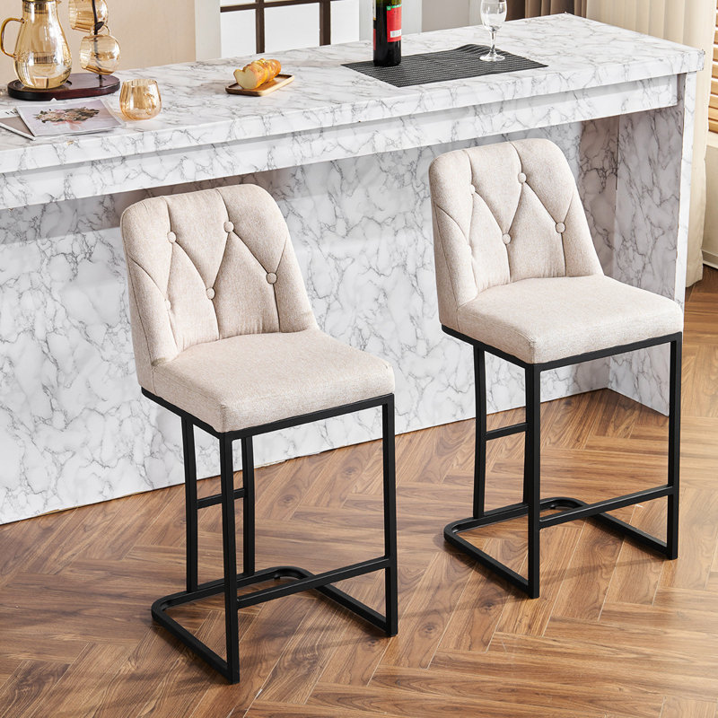 Ensemble de 2 sièges de bar beiges modernes - structure en métal à boutons pour les activités quotidiennes de 2 tabourets rembourrés avec dossier, cuisine et salle à manger