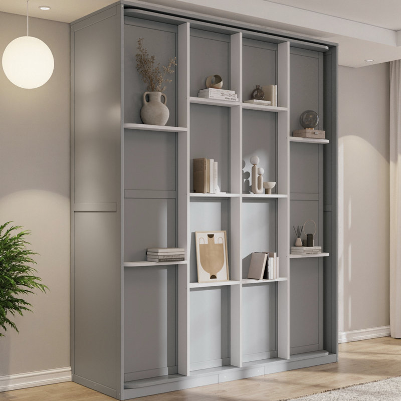 Grand lit escamotable rotatif avec supports de rangement cachés, lit escamotable 360 for pour le bureau à domicile et les petites pièces, armoire de lit multifonctionnelle avec 14 tablettes, mécanisme hydraulique