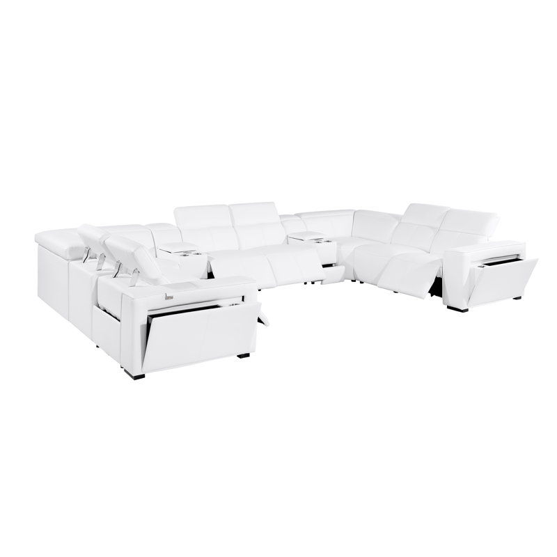 Top Grain Italian Leather 10-Piece U-Shaped Modular Power Reclining Sectional With 4 Power Recliners & Power Headrests