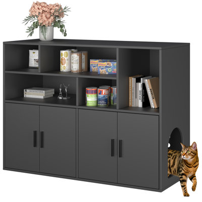 Amunrbrek Double Litter Box Enclosure With Large Storage Space, Hidden Cat Litter Box Furniture For 2 Litter Boxes, Wooden Cat House Cabinet, Black