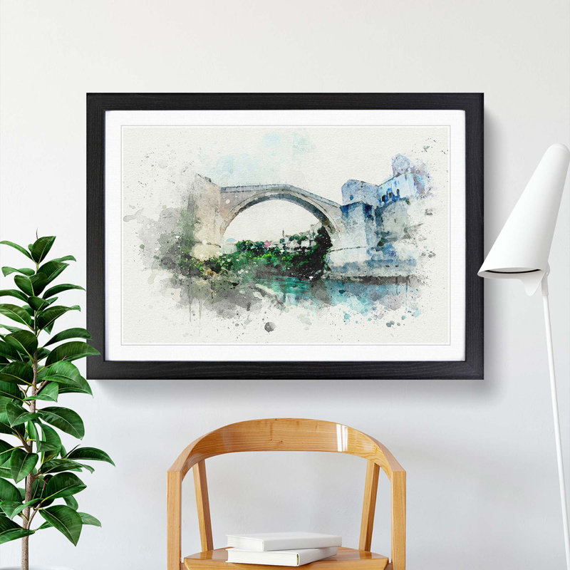 Stari Most Old Bridge in Abstract - Picture Frame Graphic Art Print, 62cm H x 87cm W x 2cm D, Black Framed