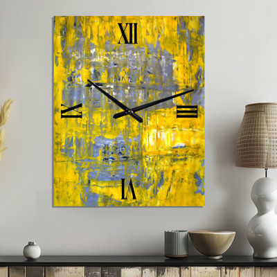 Yellow Meets Grey Abstract Art I - Abstract Metal Wall Clock