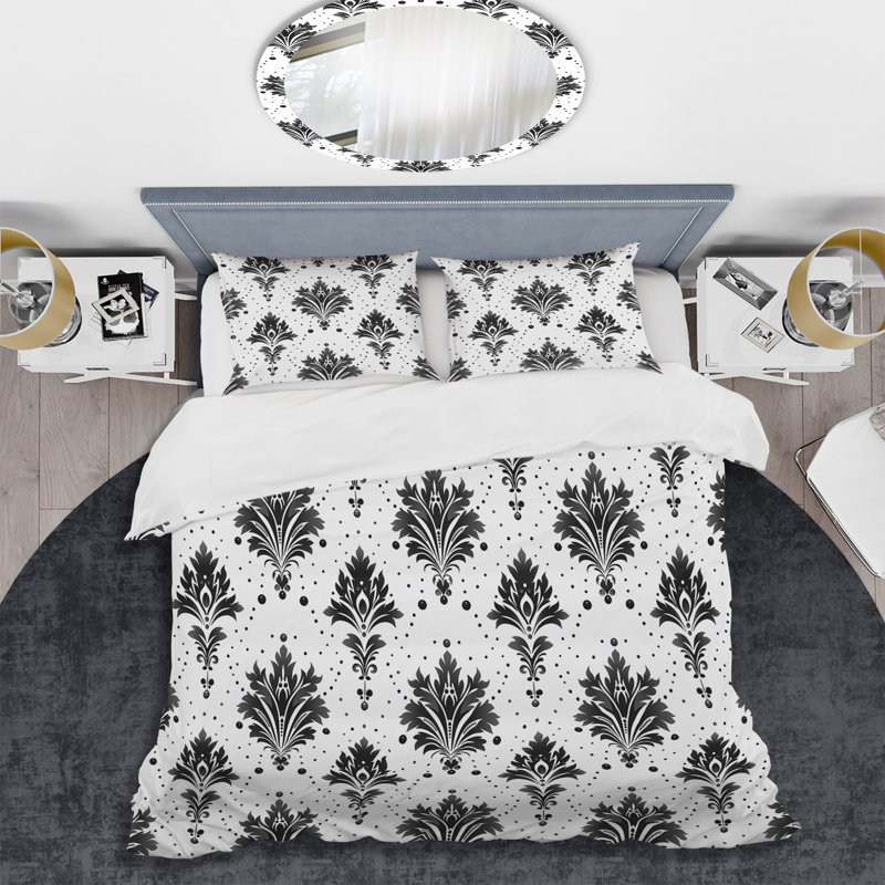 Ensemble de housse de couette transitionnel noir et blanc damassé Glamour I, Housse de couette très grand et 2 très grandes t