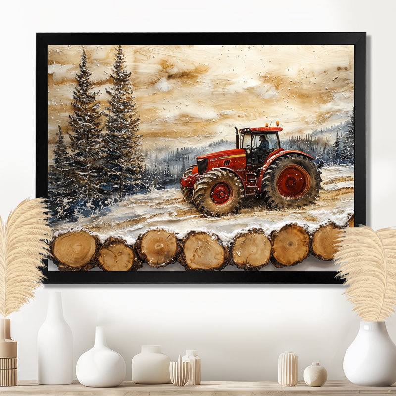 «Large Tractor In A Winter Farm Landscape» - art mural ferme, Reproduction d'une seule photo avec cadre, Noir