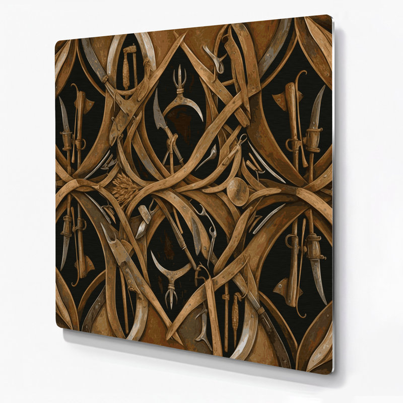 Farm Tool Pattern Border Brown Metal Wall Art, 8" H x 8" W