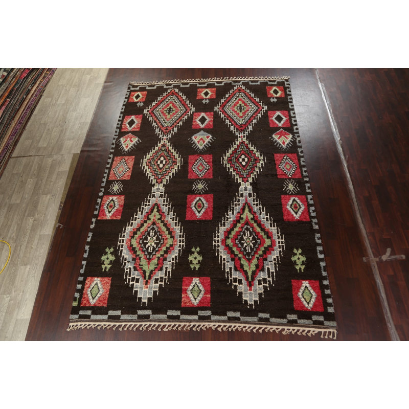 Tapis brun en laine noué à la main de conception unique 8 pi 11 po x 12 pi 8 po marocain