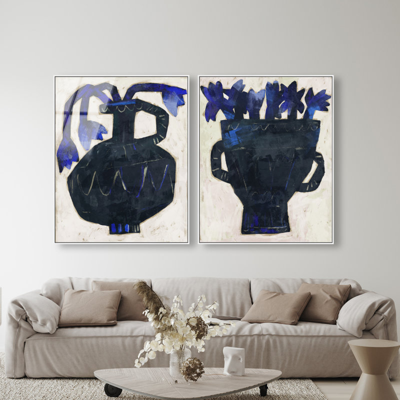 Indigo Vases Set Set by Oliver Gal, 42"H x 34"W, White Floater Frame