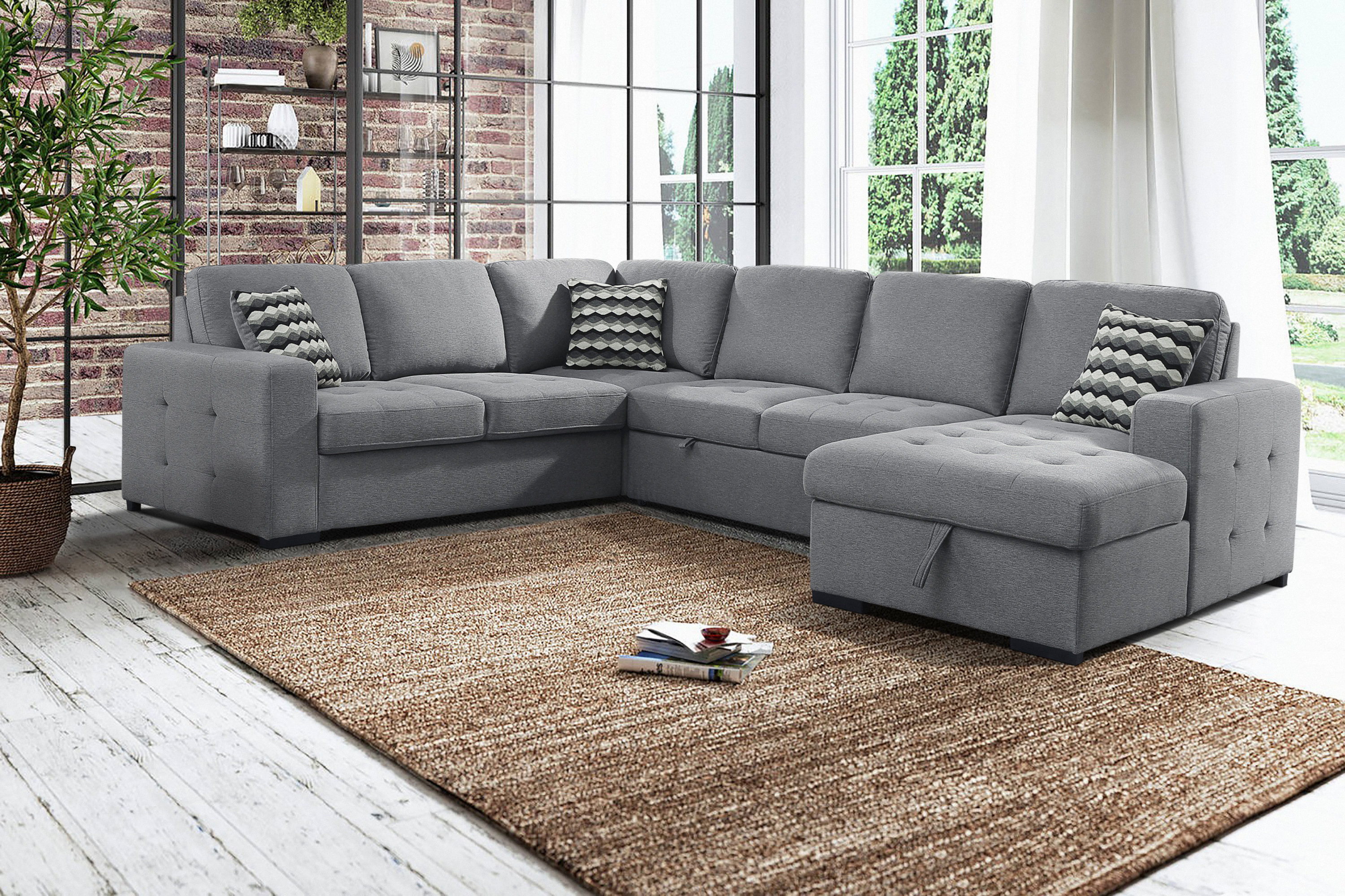 4 Piece Fabric Upholstered Sectional Sofa With Pull Out Bed 