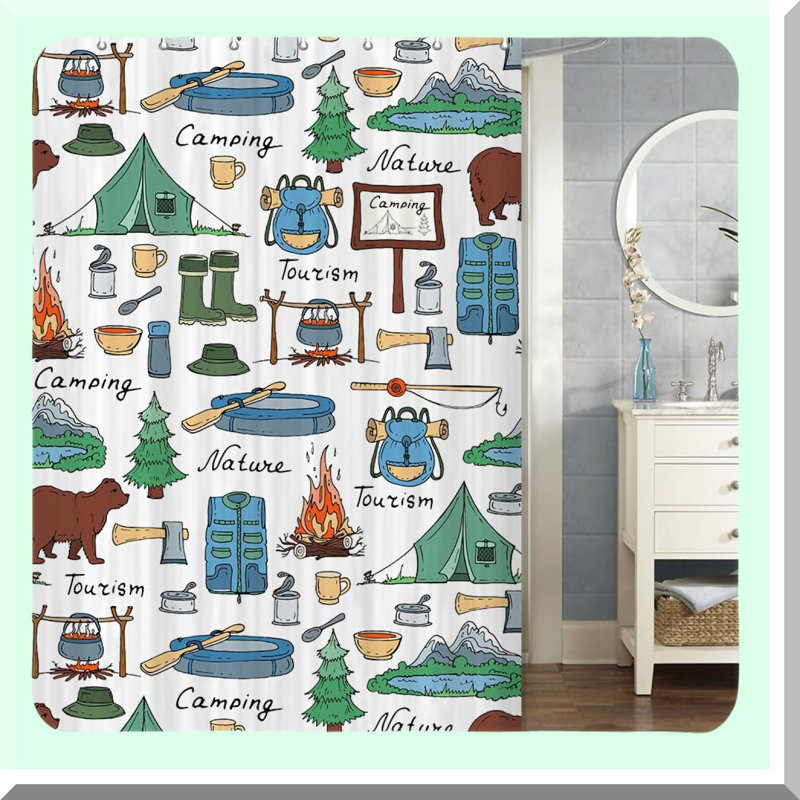 Happy Camper Retro RV Shower Curtain - Rustic Wood Design for Travel Trailers & Motorhomes, Small Size with Hooks