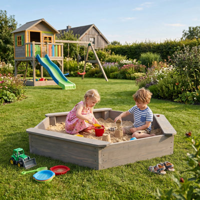 Wooden Hexagonal Sandbox with Cover for Children 55" × 46.4" (Coffee)