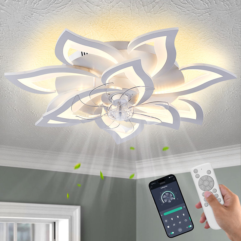 White Ceiling Fan With Lights Remote Control,  6 Speeds 3 Light Color Low Profile Flush Mount Ceiling Fan For Kitchen Bedroom