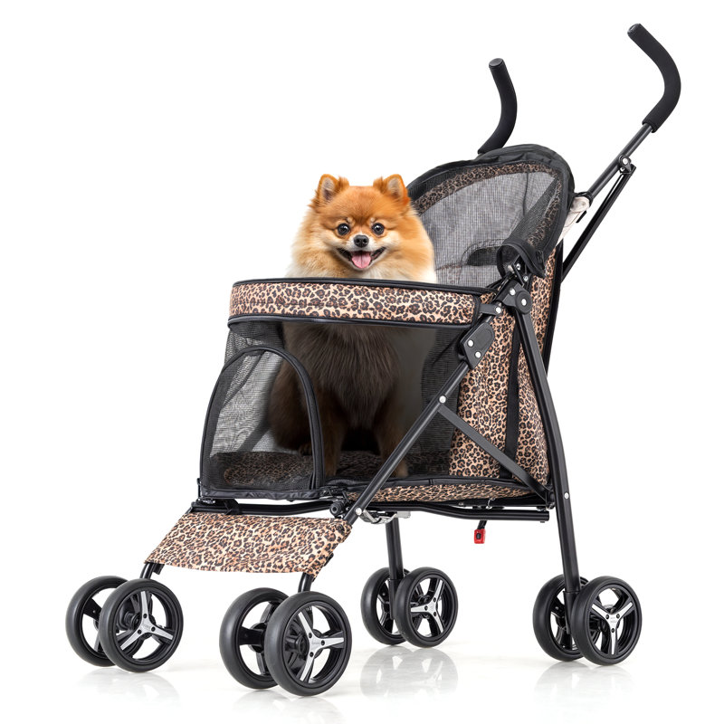 Leopard Print Steel Frame Dog Stroller with Mesh Windows