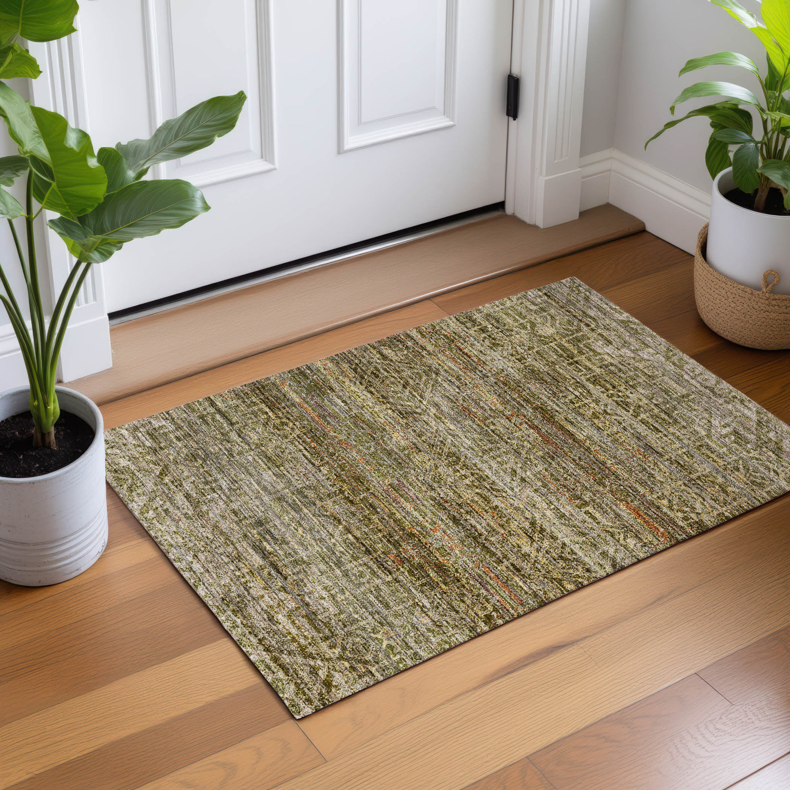 Premium Machine Washable Tirico Casual Rug, Olive, 1'8" x 2'6"