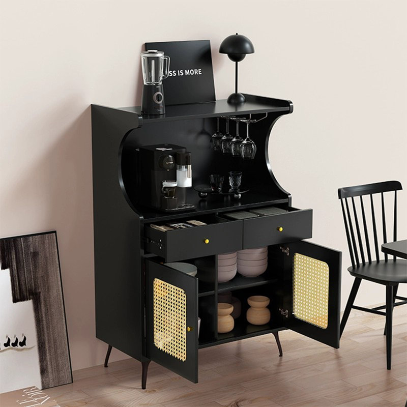 Buffet en bois manufacturé noir + rotin, H 47,24 po x l 29,53 po x P 15,75 po, Noir/naturel