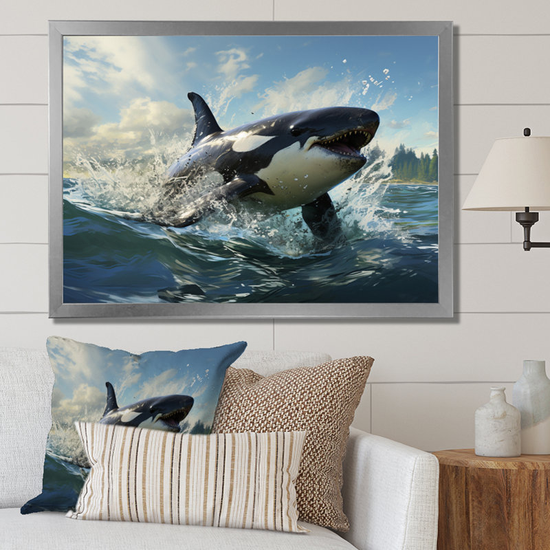 «White Black Marine Animals Majestic Orcas», reproduction sur toile, H 30 po x l 40 po x P 1,5 po, Cadre photo argenté