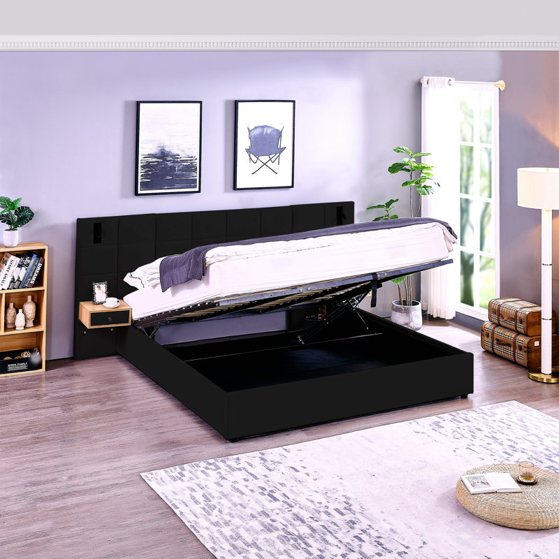 Très grand lit plateforme tapissier hydraulique en velours avec 2 tablettes, 2 lampes de lecture et port USB, Noir