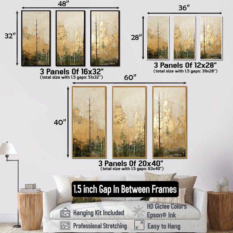 Minimalisme beige et or forêt I - ensemble de décoration murale forêt, Cadre flottant noir, H 32 po x l 48 po x P 1 po