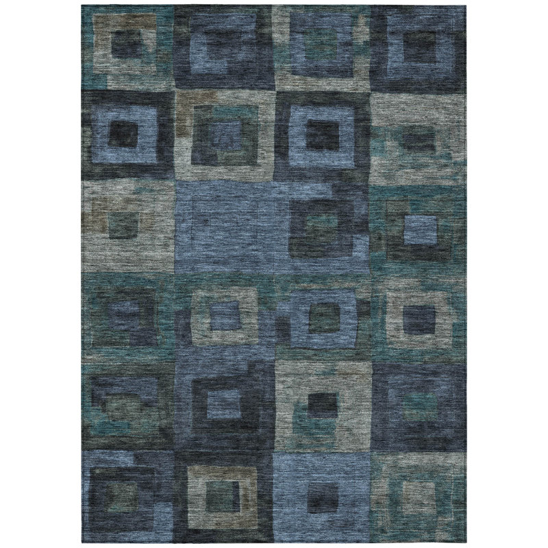 3' X 5' Blue Gray And Charcoal Geometric Washable Indoor Outdoor Area Rug