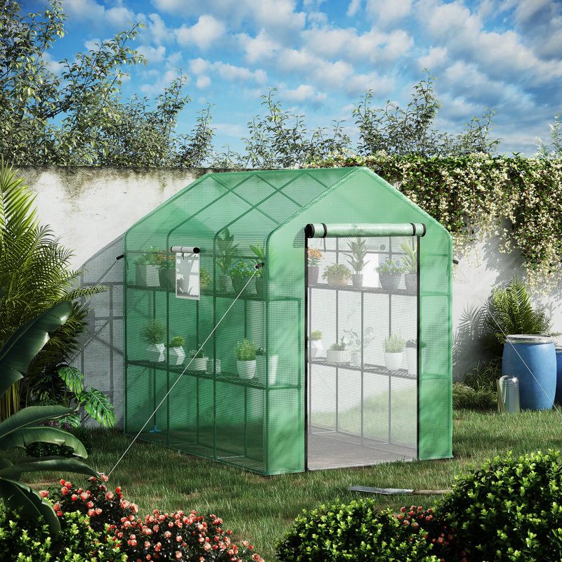 Serre 7 pi x 5 pi x 6 pi avec fenêtres en filet et porte, protégée, 18 tablettes pour la croissance des plantes et un portique florissant