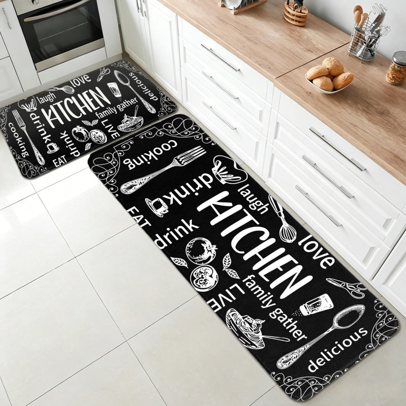 Black White Kitchen Utensil Typography Kitchen Floor Rugs 2 PC, Modern Family Kitchen