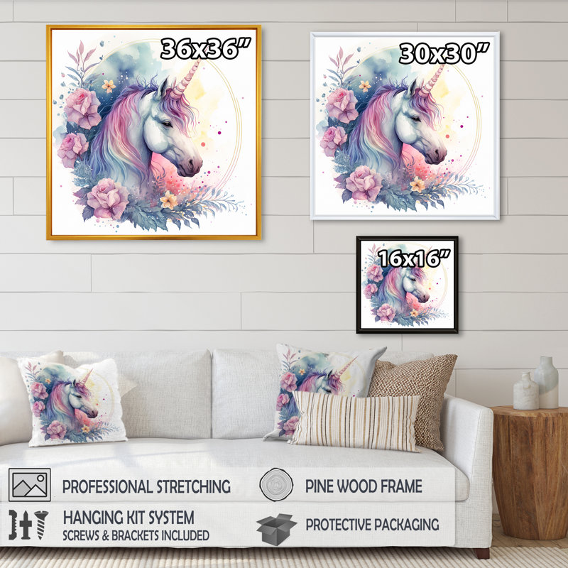 Adorable licorne pastel entourée de fleurs III - cheval, art mural, H 16 po x l 16 po x P 1 po