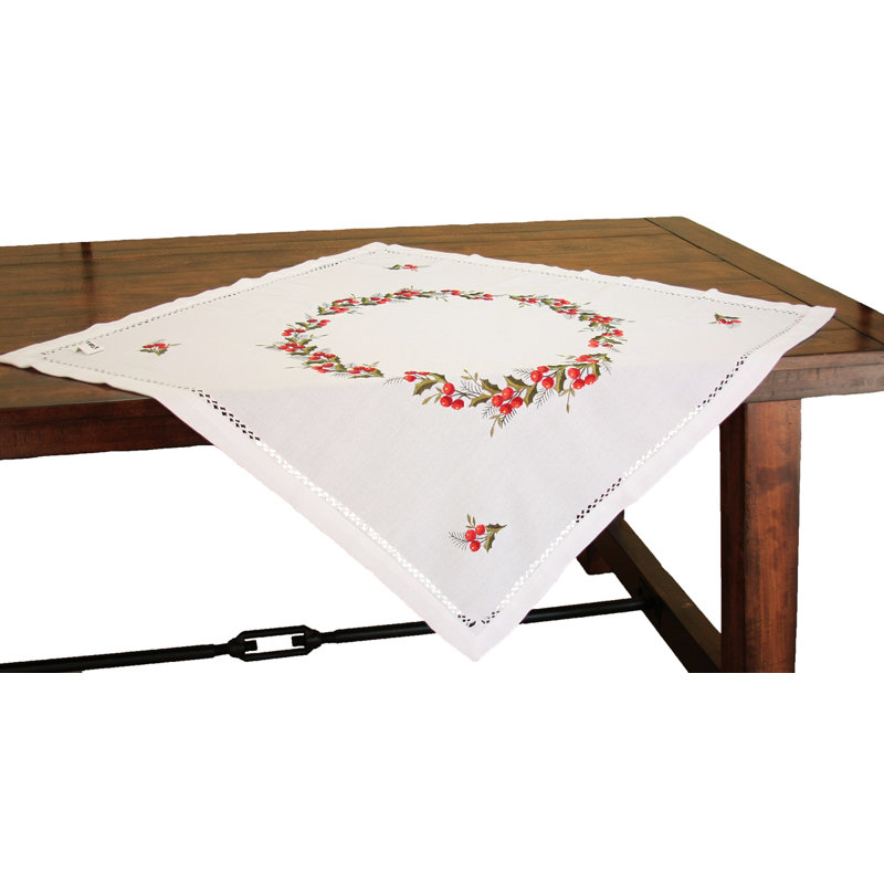 Holly Berry Embroidered Hemstitch Holiday Table Topper