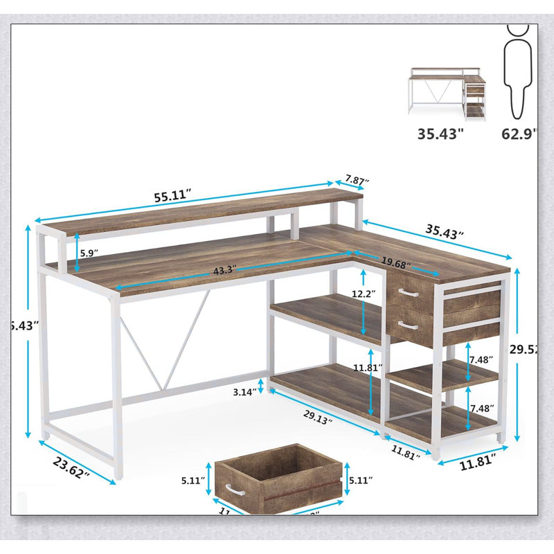 Bureau de bureau en L de 55 pouces avec élévateur de moniteur, tiroirs et tablettes de rangement, bureau d'ordinateur de coin pour les petits espaces, table d'écriture de style maison de campagne