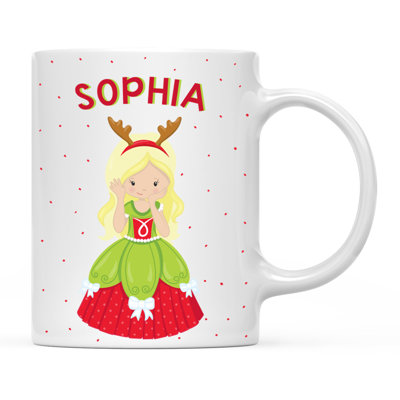 Tasse personnalisée en chocolat pour enfants au lait en céramique, princesse aux cheveux blonds de Noël avec ruban de bois rouge, paquet de 1