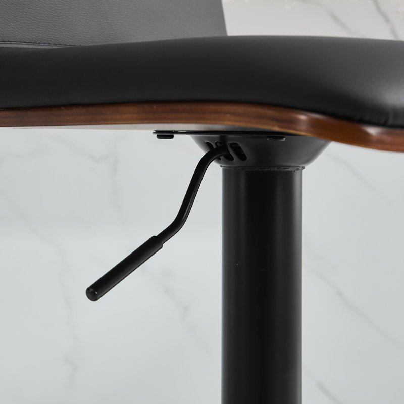 Modern Swivel Adjustable-Height Bar Stool with Walnut-Finish Bentwood Low Back, Black, 3