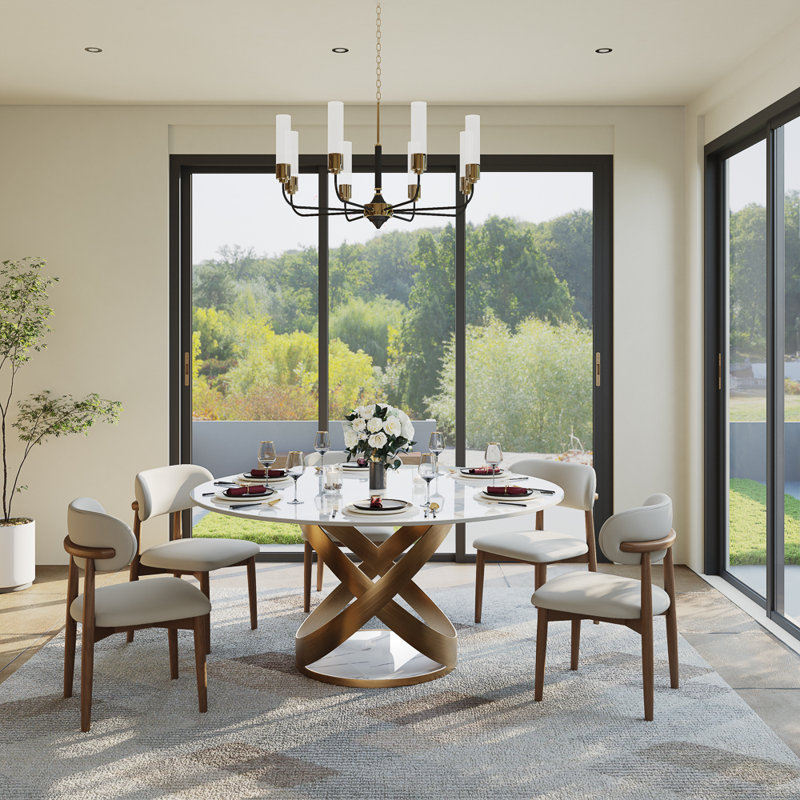  Modern Round Dining Table for 4-6 with Sintered Stone Tabletop, Carbon Steel Base Pre-Assembly, Glossy White, Bronze