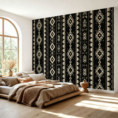 Wall Mural Peel and Stick Wallpaper Navajo tribal black seamless Native American ornament Ethnic South Self-Adhesive Removable Contact Paper Wall Decor for Living Room Bedroom 69"H x 96"W