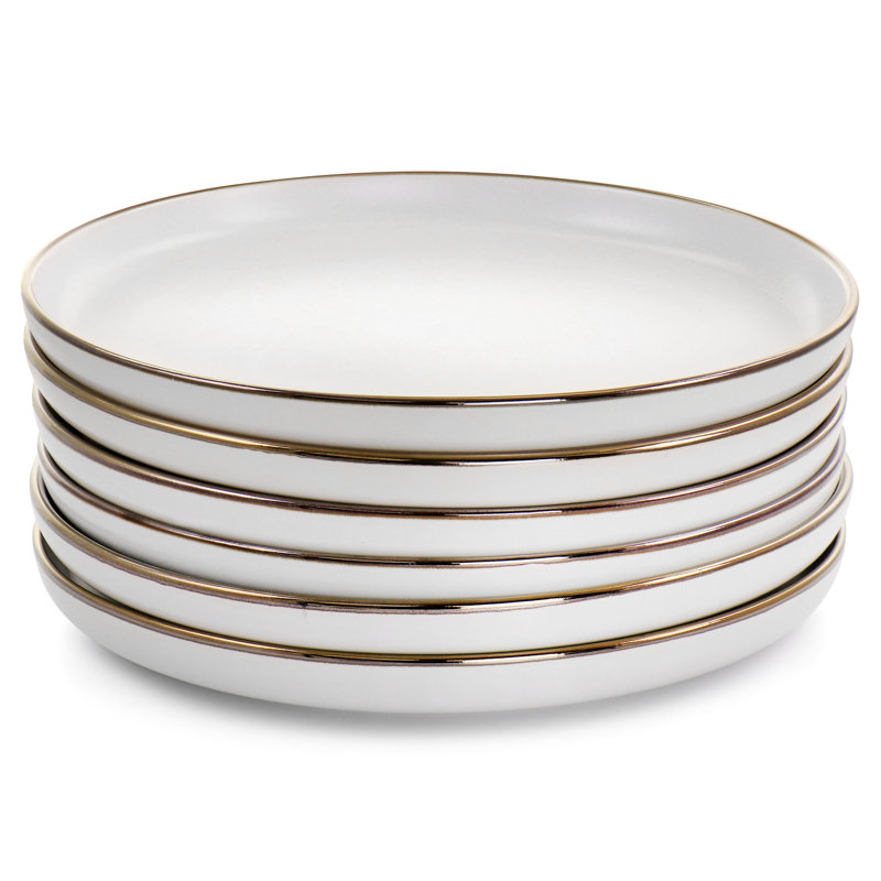 Elama Arthur 6 Piece Stoneware Dinner Plate Set In Bronze Rim, Matte White