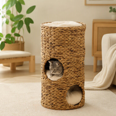 Lit pour chat surélevé avec trois cachettes et quatre coussins moelleux moelleux, tour pour chat avec matériaux tissés à la main, grottes de chaton surélevées multicouches