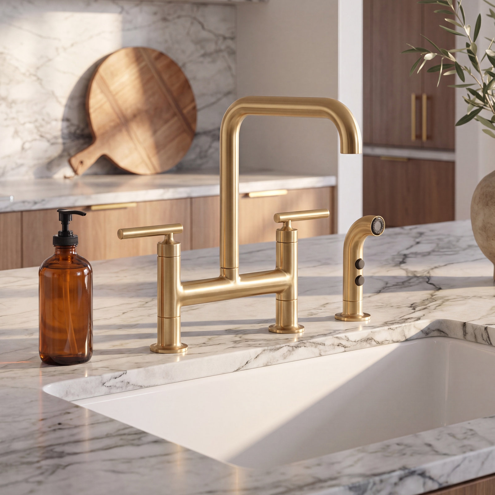 Kohler Purist Bridge Faucet with Sidespray, Vibrant Brushed Moderne Brass