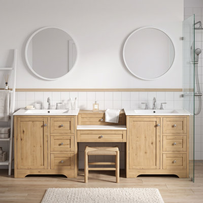 Meuble-lavabo double avec lavabo, tiroirs à fermeture en douceur et boutons argentés