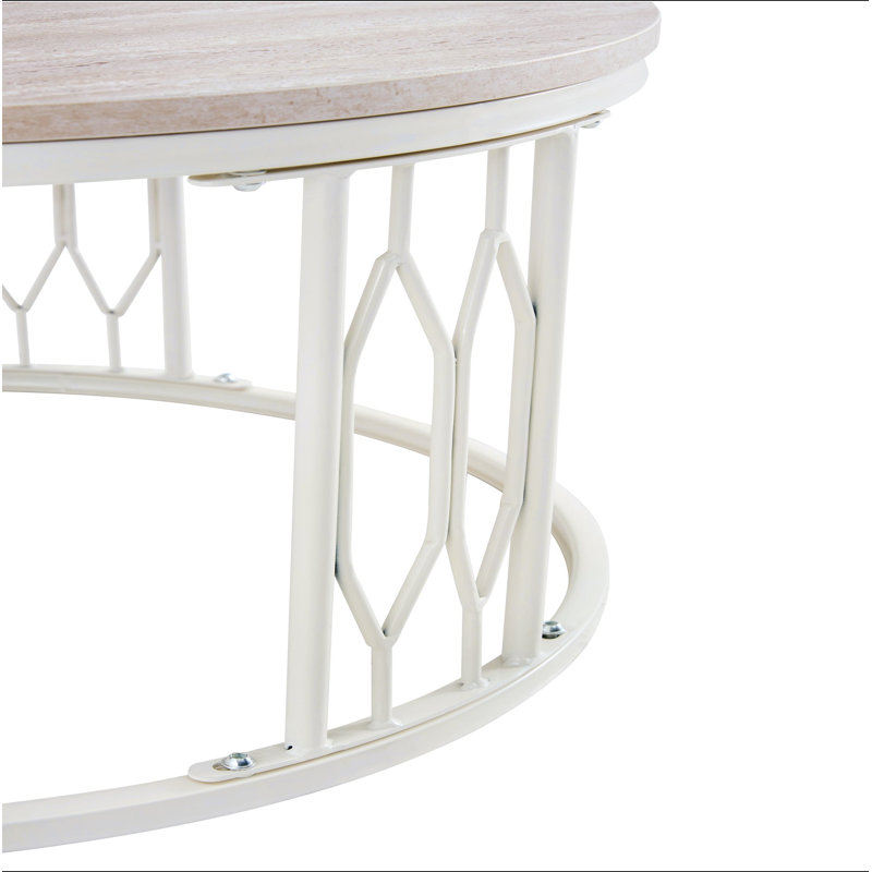 Table basse ronde en panneau de fibres à densité moyenne avec texture effet pierre, diamètre de 27,5 pouces. Table basse ronde pour le salon. Table basse ronde de style Wabi-sabi avec des pieds en métal robustes et un assemblage facile.