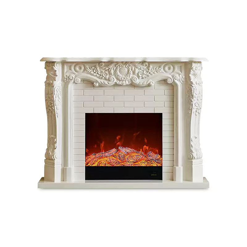 European-style solid wood retro simulated flame decorative fireplace, White