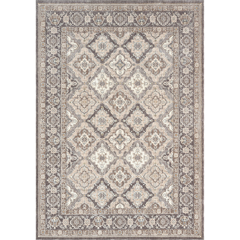 Glorietta - Tapis traditionnel à médaillon gris avec motif en losanges élégant, Rectangle 7 pi 10 po x 10 pi 6 po