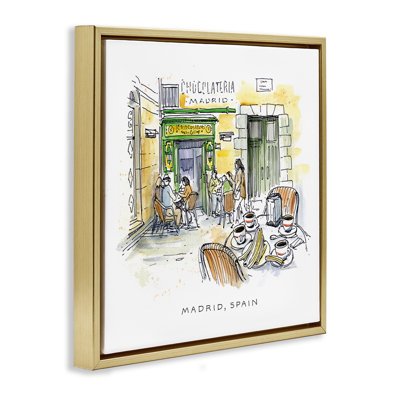 Madrid Spain Outdoor Cafe Framed Floater Canvas Wall Art, design by Angela Steahling
