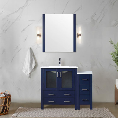 Bleu marine 42 po Le meuble-lavabo simple W comprend une armoire latérale, un comptoir en céramique blanche, un robinet, une fonction de fermeture en douceur, 5 tiroirs et un comptoir de rangement intérieur pour la salle de bain, robinet inclus, tiroirs de fermeture, 1