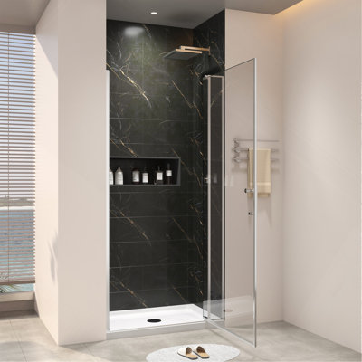Porte de douche pivotante universelle à ouverture à gauche et à droite de 32 à 36 po x H 72 po, ouverte à l'extérieur, avec verre trempé de 1/4 po et 5/16 po et finition nickel brossé