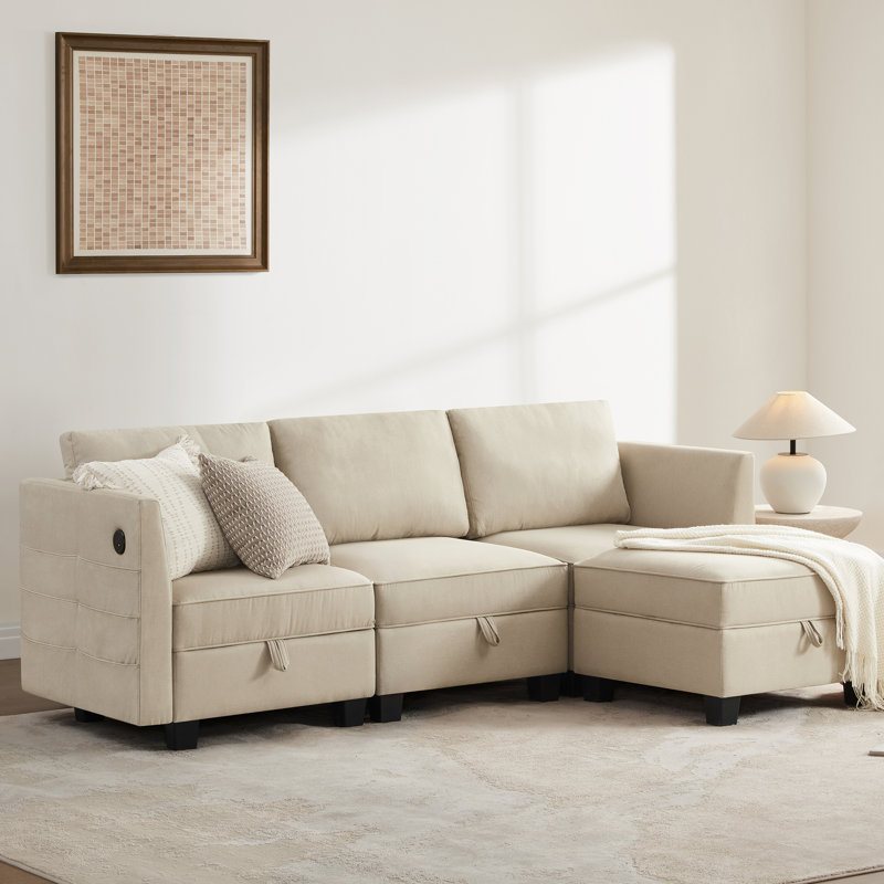 Canapé modulaire avec rangement USB et Type C, Polyester beige