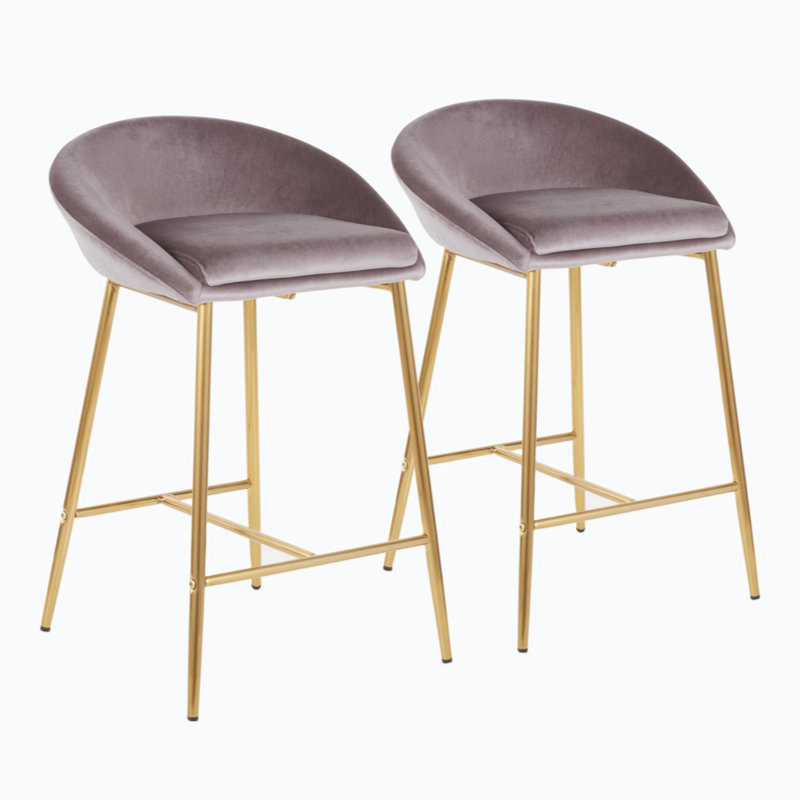 Set of 2 Glam Matisse 26" Silver Velvet Counter Stools with Gold Frame