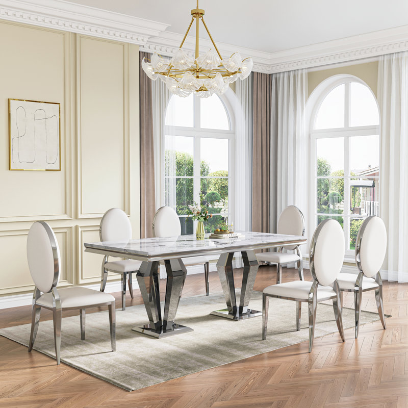 7 Pieces: Table, 6 Chairs, White/Silver, Silver/White