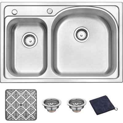 18 Gauge Stainless Steel 33 Inch Kitchen Sink Topmount 18 Gauge Double Bowl 2-Hole 33''x22''x9''