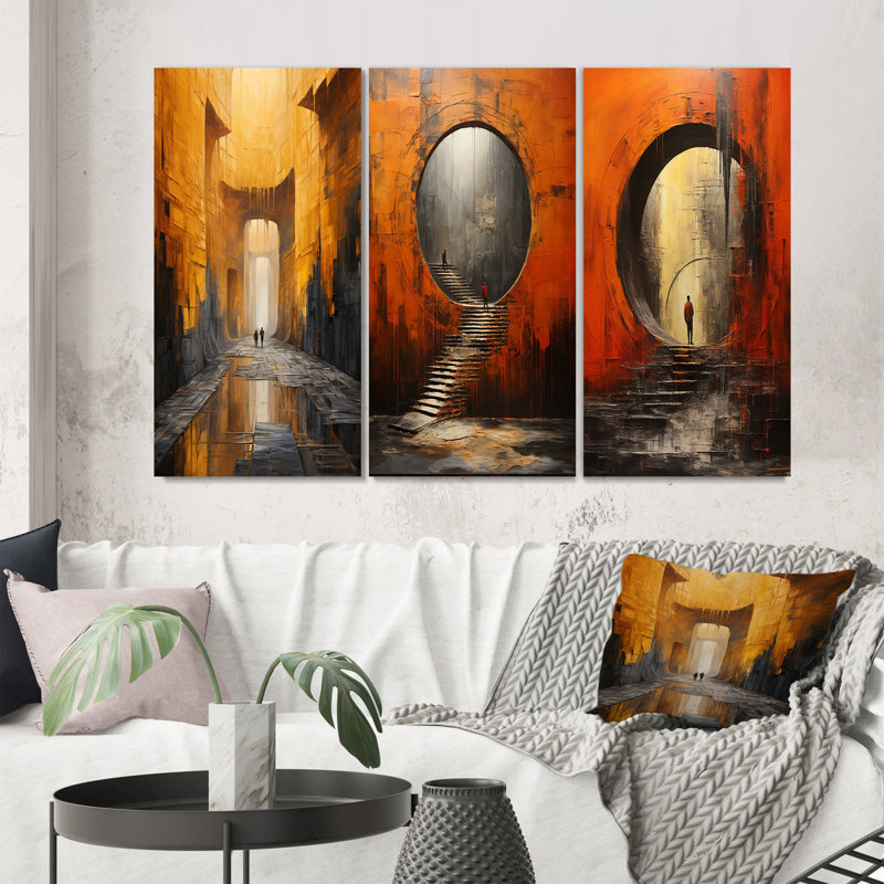«Yellow Grey Abstract Tunnel», 3 pièces sur toile, H 40 po x l 60 po, Toile tendue
