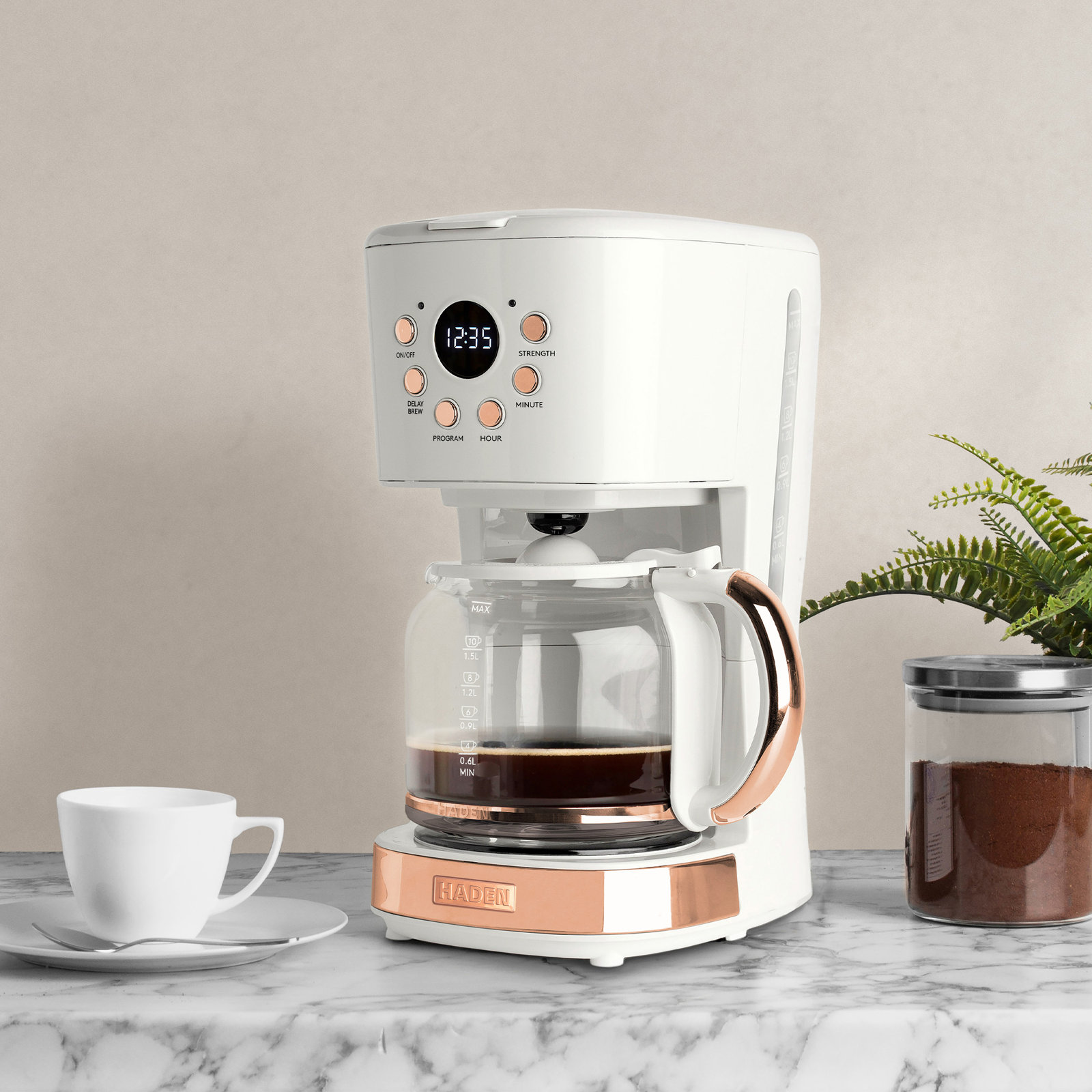 Haden 12-Cup Programmable Drip Coffee Maker, Ivory/Copper